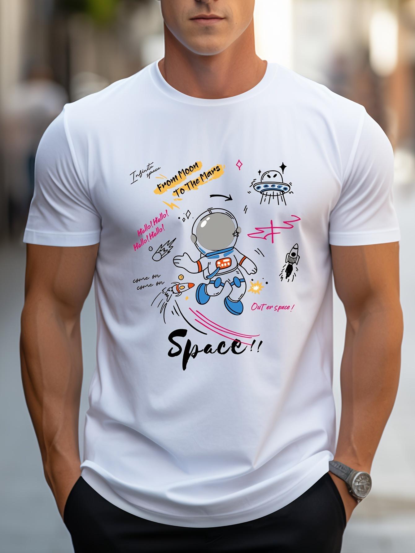 

Crew Neck Funny Astronaut Print Men s Fashionable Summer Short Sleeve Sports T-shirt, Comfortable And Versatile M белый