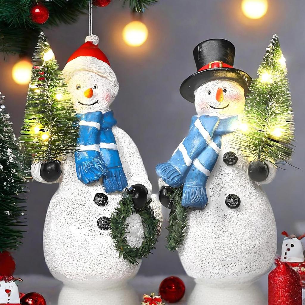 Double 4.8 Inch Resin Snowman Figurines With Christmas Tree Garland Christmas Decoration Indoor Snowman Decorative Ornaments