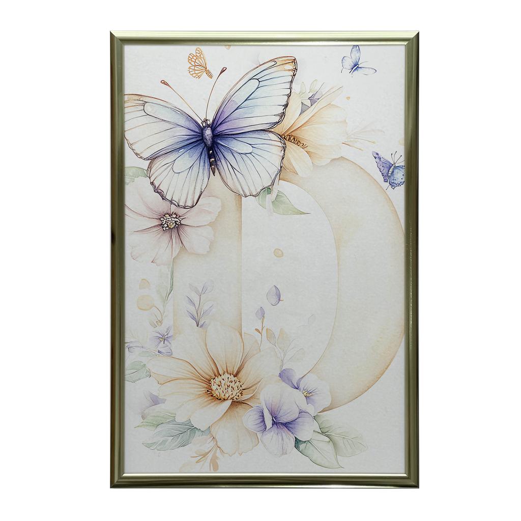 Plakat Urokliwa Litera "D" - Kwiaty I Motyle Plakat Urokliwa Litera "D" - Kwiaty I Motyle, 70X100 Cm, Rama Drewniana Jasny Dąb, Papier Matowy 230 Gsm