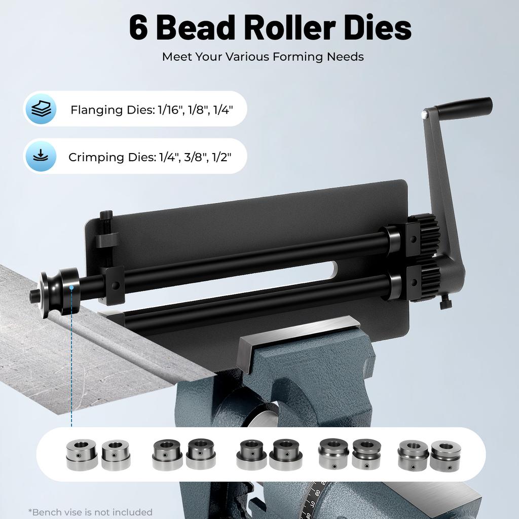 Manual Bead Roller Machine 12" Throat, 6 Dies Set, Metal Forming Tool for Sheet Metal Fabrication, Automotive Repair