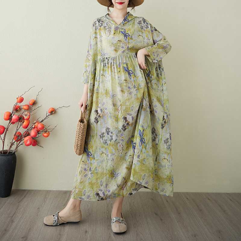 Retro Niche Gentle Wind Yarn Cotton Linen Printed Dress