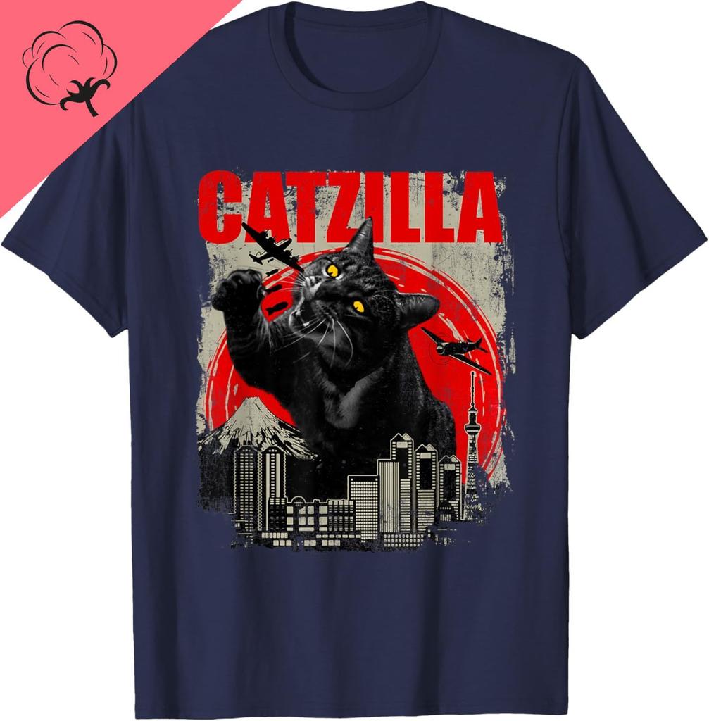Catzilla Camiseta Casual Funny Cat Lover Kitten Kitty Short Sleeve TShirt Pet Lover Tee Cotton Shirt