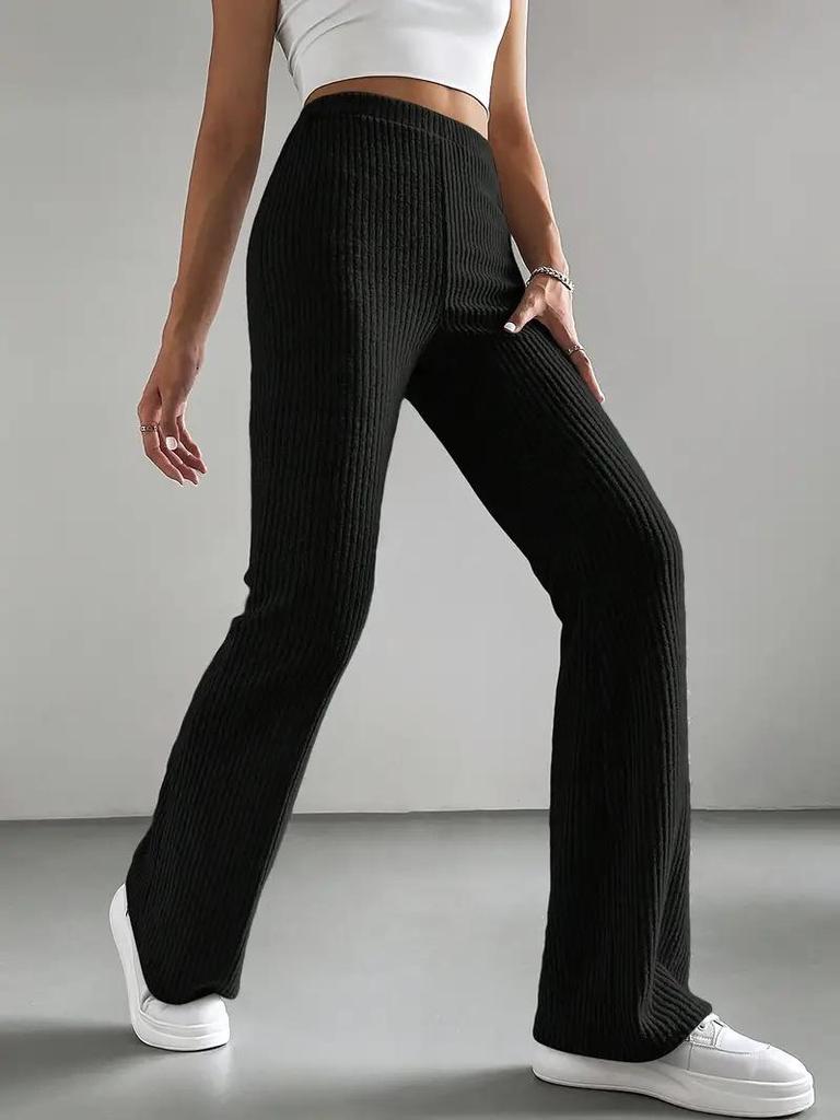 2025 Women's Autumn Knitted Ribbed Flared Pants - Solid Color Casual Micro-flare