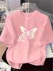 Women's Fashion Printed T-Shirt Pink Butterfly Pattern Soft Comfortable Printed Short Sleeve T-Shirt for Casual Fashionable Tops