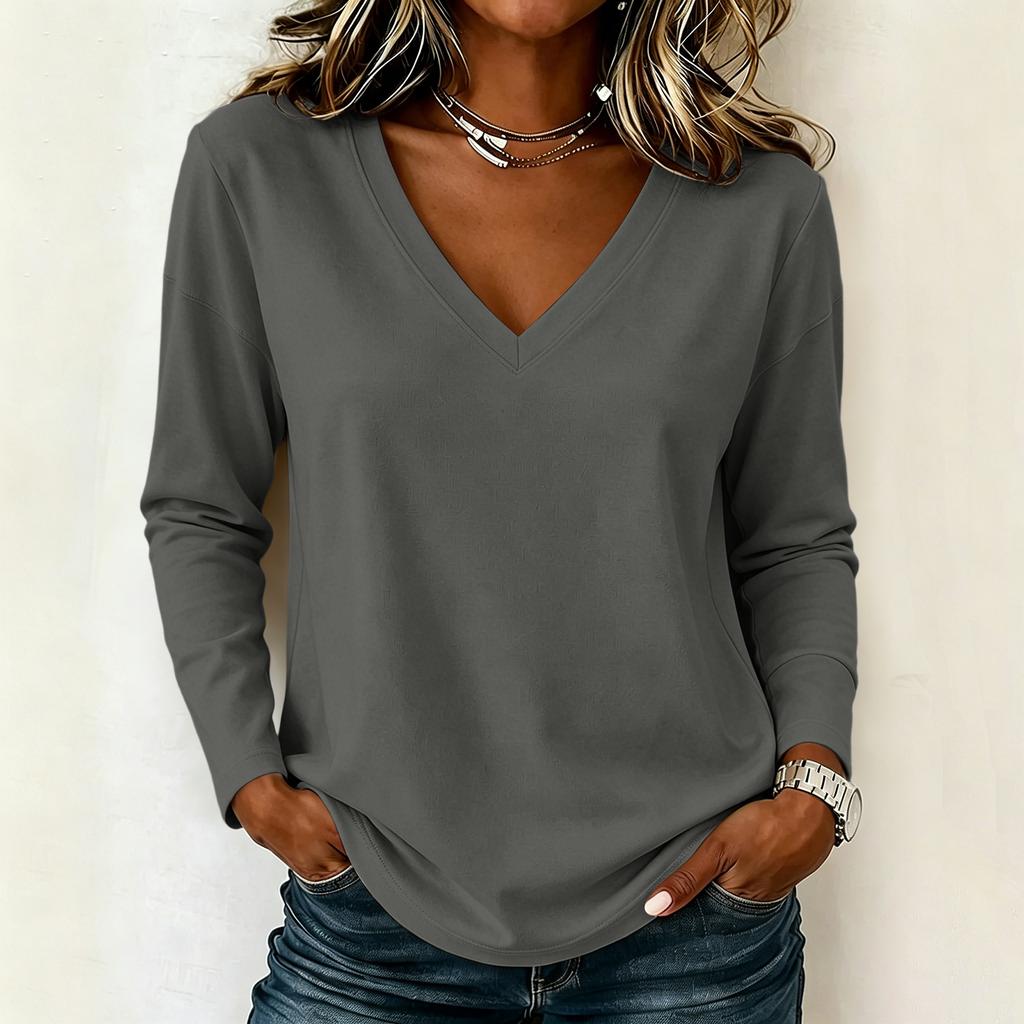 Damen Langarm Lockerer V-Ausschnitt Lässiger Pullover Top Leichter Weicher Dehnbarer Stoff Bequeme Alltagskleidung