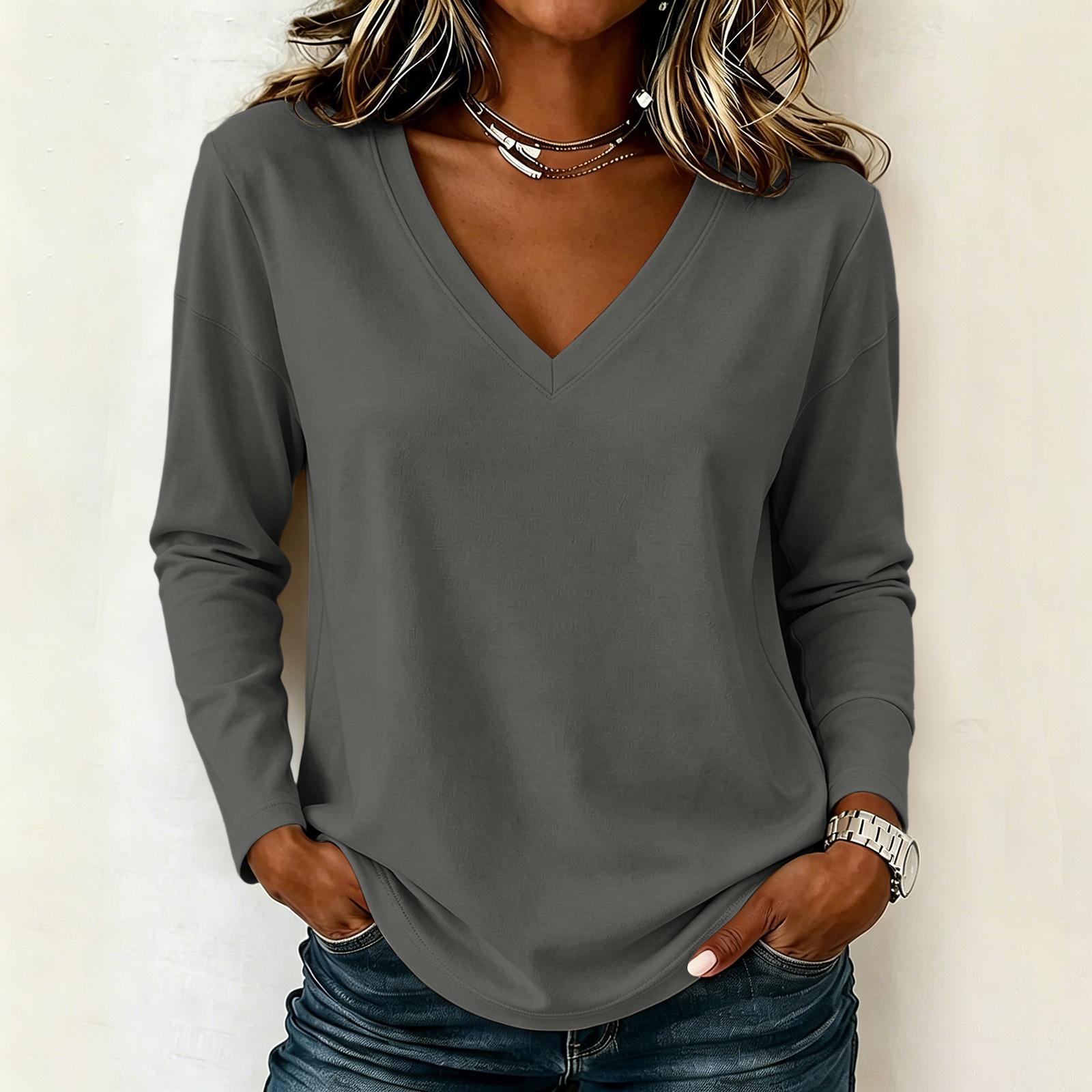 Damen Langarm Lockerer V-Ausschnitt Lässiger Pullover Top Leichter Weicher Dehnbarer Stoff Bequeme Alltagskleidung XL gray