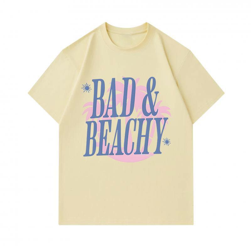 Men's 100% Cotton Crew Neck Short Sleeve T-Shirt, Casual Bad & Beachy Letter Print Palm Sun Pattern Soft Breathable Summer Daily Tees for Beach Vacati