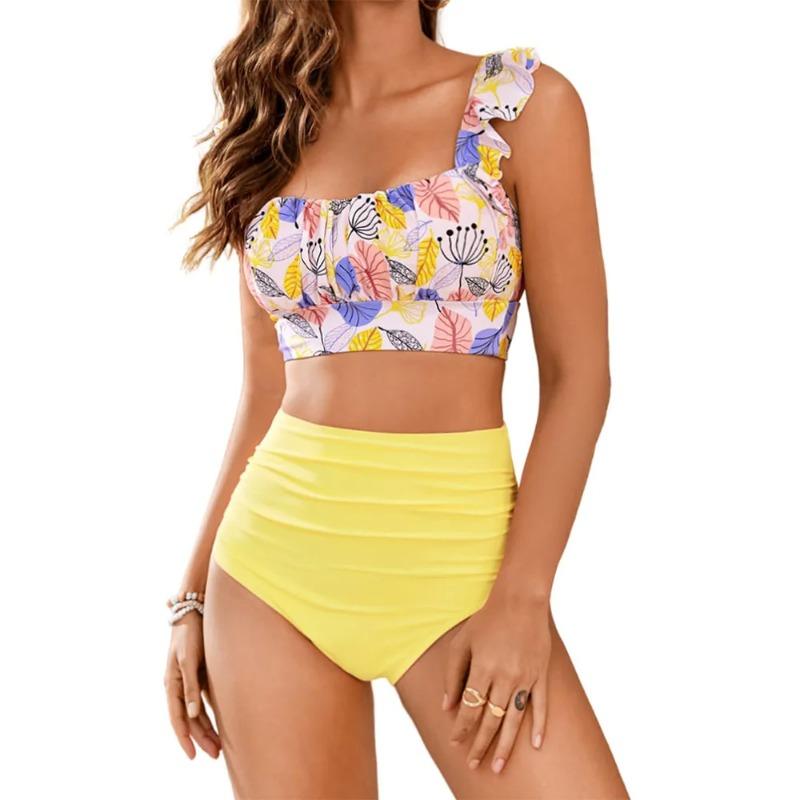 Women 2 Piece High Waisted Bikini Set, Floral Ruffle Tummy Control Swimsuit, Ruched Modest Full Coverage Bathing Suit
