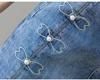 Women's High-Waisted Beaded Denim Mini Skirt - A-Line, Mid-Length with Slit, Slimming Bodycon Style, Perfect for Summer 2025