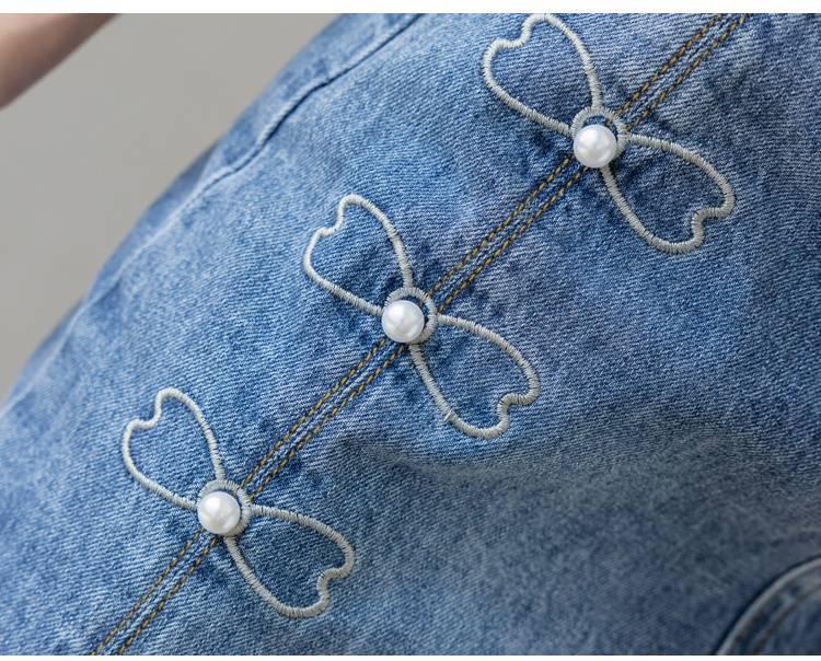 Women's High-Waisted Beaded Denim Mini Skirt - A-Line, Mid-Length with Slit, Slimming Bodycon Style, Perfect for Summer 2025