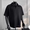 Men's Summer Black Ribbed Knit Johnny Collar Short Sleeve Polo Shirt