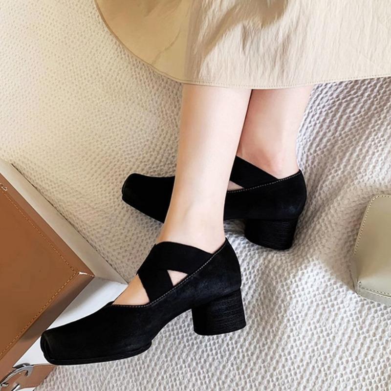 ! Shoes, Square Head Polished Retro Cross Strap Flat Heel Thick Heel, Ballet Shoes Single Shoes