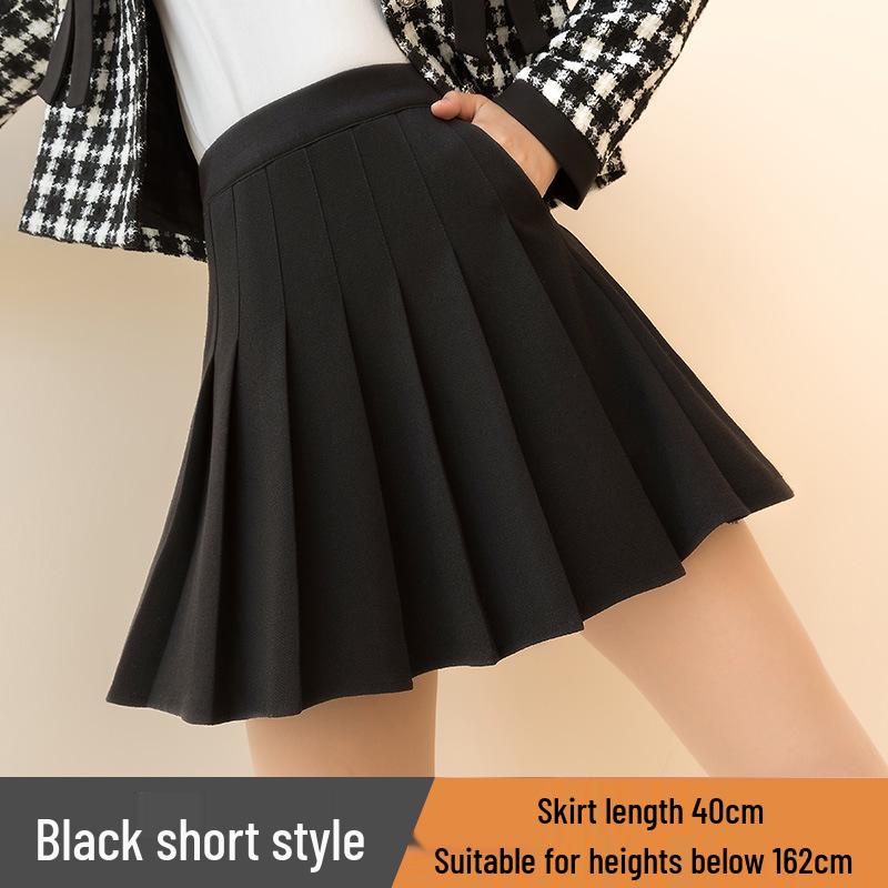 Khaki Vlněná A-line Skládaná Sukně s Vysokým Pasem pro Podzim Zimu - Dámská Krátká Sukně