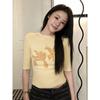Women's Floral Embroidered Slim Fit Knit Top - Sweet Girly Style, Round Neck, Mid-Sleeve (K3-19)