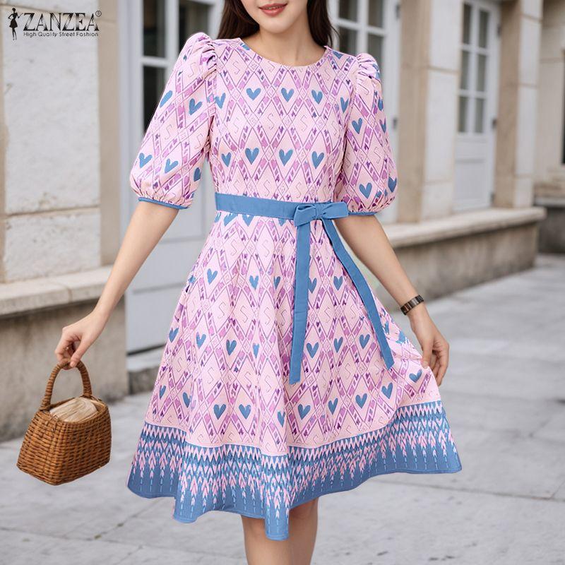 ZANZEA Damska codzienna sukienka letnia z okrągłym dekoltem i krótkim rękawem z nadrukiem