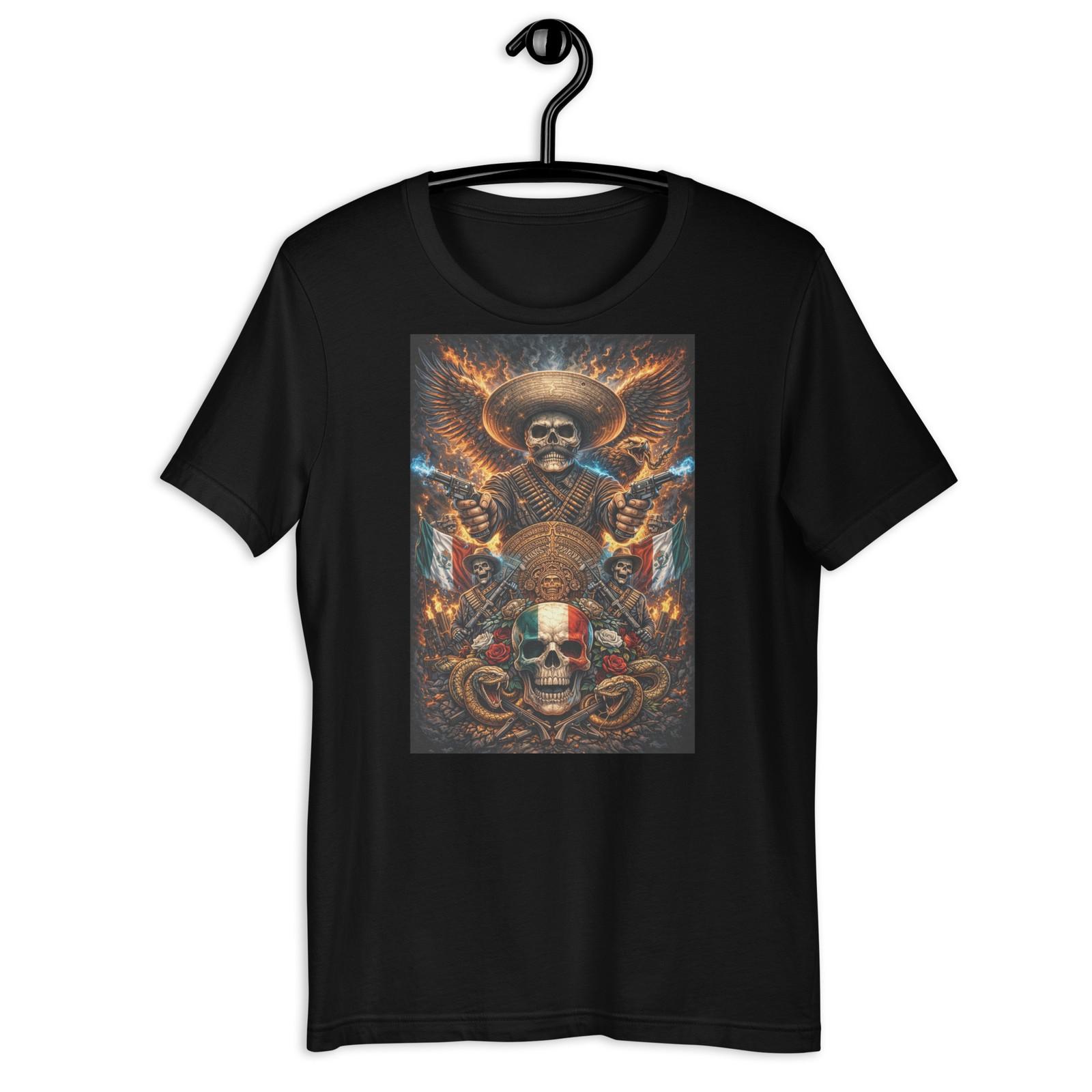 Mexican Skull Zapata Guns Aztec Calendar Flag Fire Chicano T-Shirt S