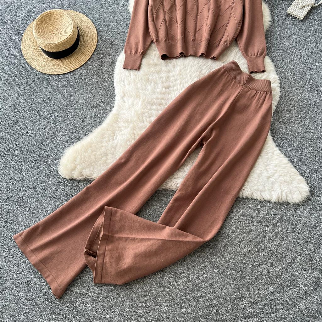 Relaxed-Style Half-Zip Knit Top and Wide-Leg Pants Two-Piece Set for Women Casual Jacquard Pullover Sweater Trousers Sets Fall Commuter Outfit