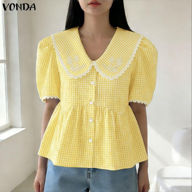 VONDA Zomer Dames Poppenkraag Korte Mouw Geruite Print Casual Blouse Tops