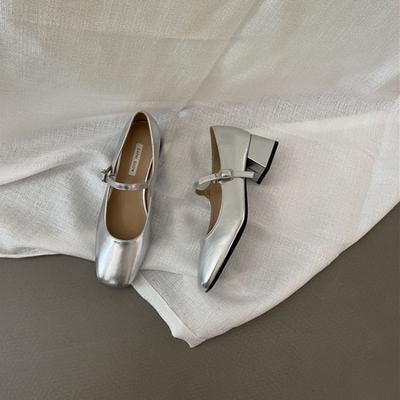 French Silver Mary Jane Shoes Women'S Shoes Spring And Summer Temperament Thick Heel Square Head Light Mouth Word With Single