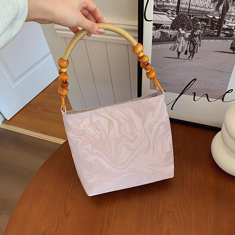 Chic Beaded Handheld Bag For Women 2024 Trendy Wooden Tote In Soft Colors