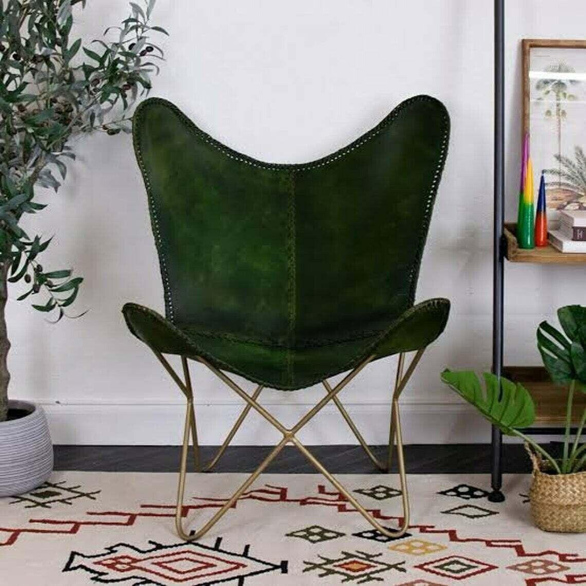 

Кресло-бабочка из зеленой кожи буйвола ручной работы Lounge Relax ArmChair HomeDécor