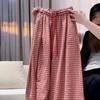 Women Vintage Red Plaid Linen Blend Wide Leg Pants High Waist Slim Straight Trousers Casual Long Pants For Summer Petite Ladies