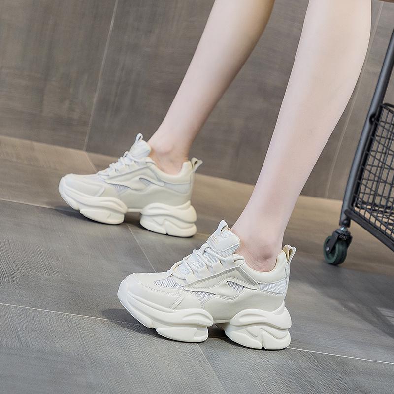 Spring 2024 Women's Trendy Soft Leather Daddy Sneakers with Thick Sole and Height Boost