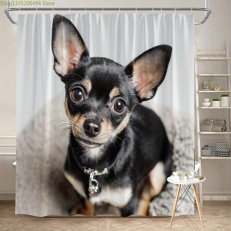 1pc Chihuahua Puppy Shower Curtain - Adorable Small Dog Portrait with Expressive Eyes, Soft Beige & White Polyester Fabric, 70
