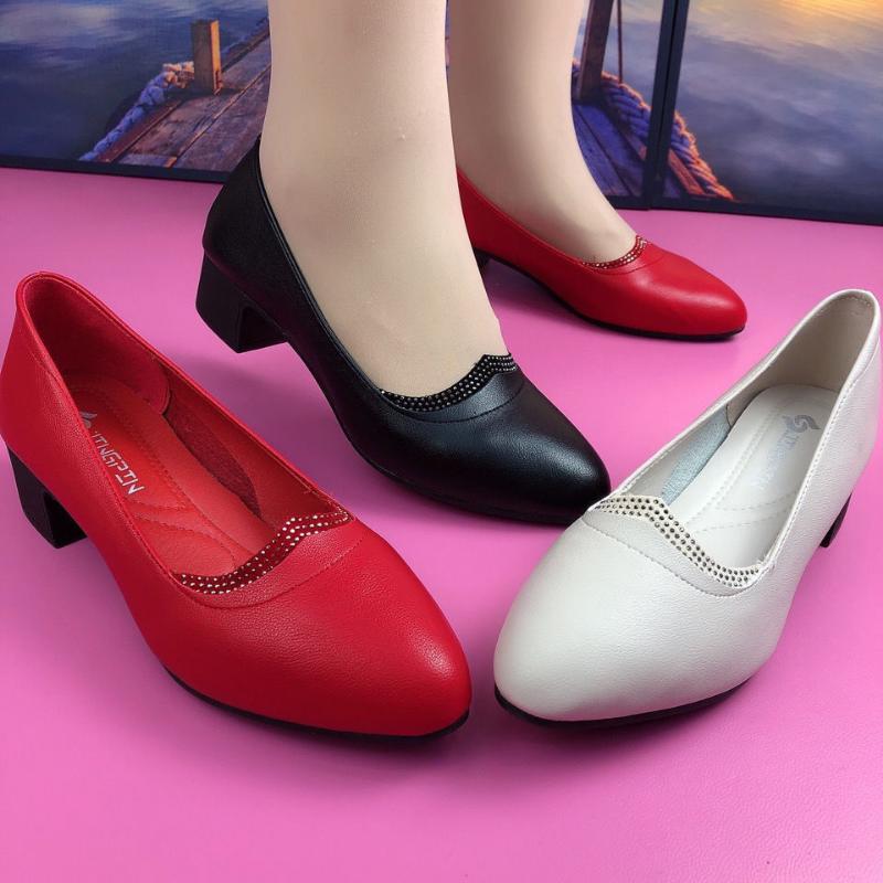 Women Leather Shoes Soft-soled Round Toe Thick-heeled Comfortable Breathable Shoes Middle Heel Anti-slip Shoe Footwears