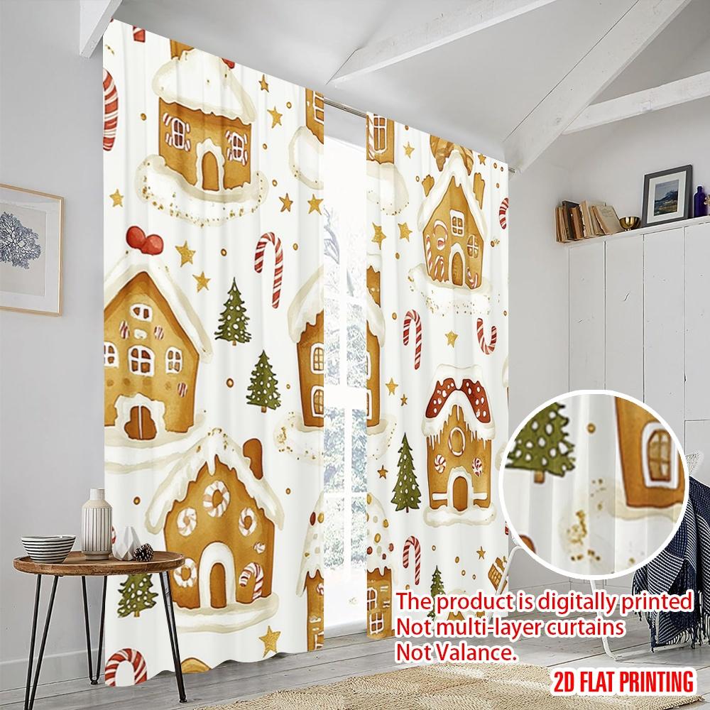 2pcs,2D plane printing Curtains&Window Treatment Gingerbread Christmas Houses Trees Durable 100% Polyester Fabric (without rod)