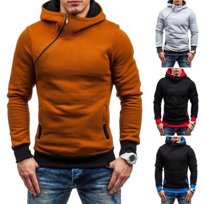 Autumn Winter Men Hoodie Slant Zipper Contrast Color Patchwork Pullover Thick Slim Fit Hooded Sweatshirt Streetwear