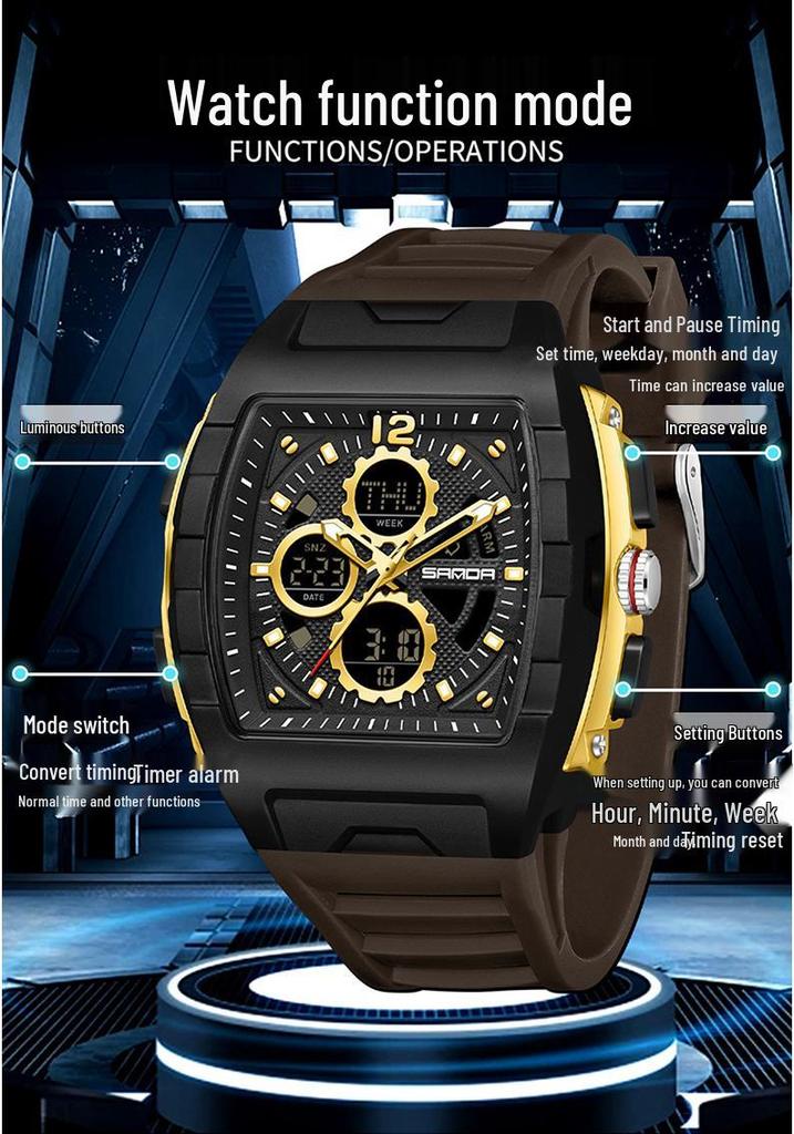 Sanda Men's Sports Barrel-Shaped Luminous Countdown Watch with Triple Time Zone and Dual Display, Waterproof Design.