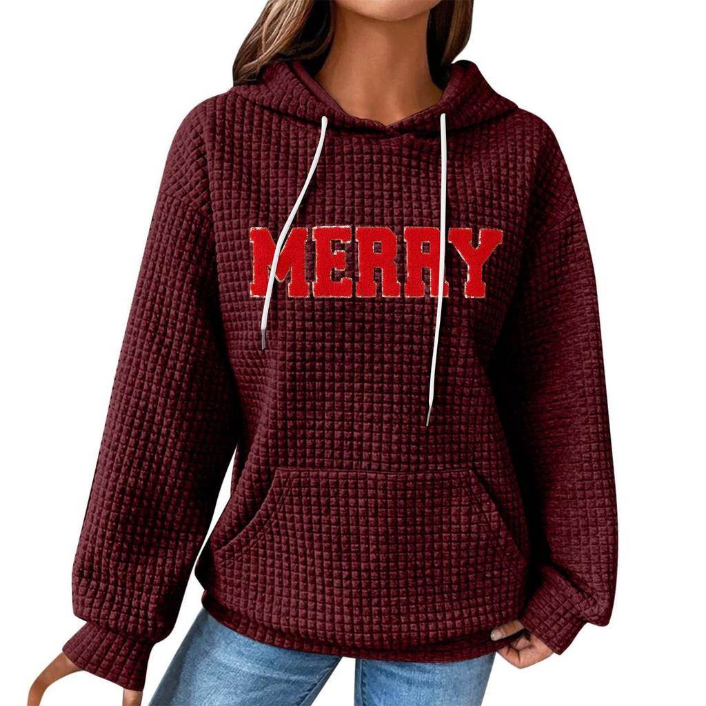 Women's Fashion Loose Hooded Pullover Long Sleeve Plaid Sweatshirt With Drawstring, Drop Shoulder, Pocket, Christmas Print Top