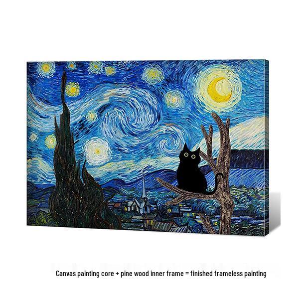 Water Lily & Starry Night Abstract Cat Art: Colorful Wall Hanging for Bedroom & Living Room