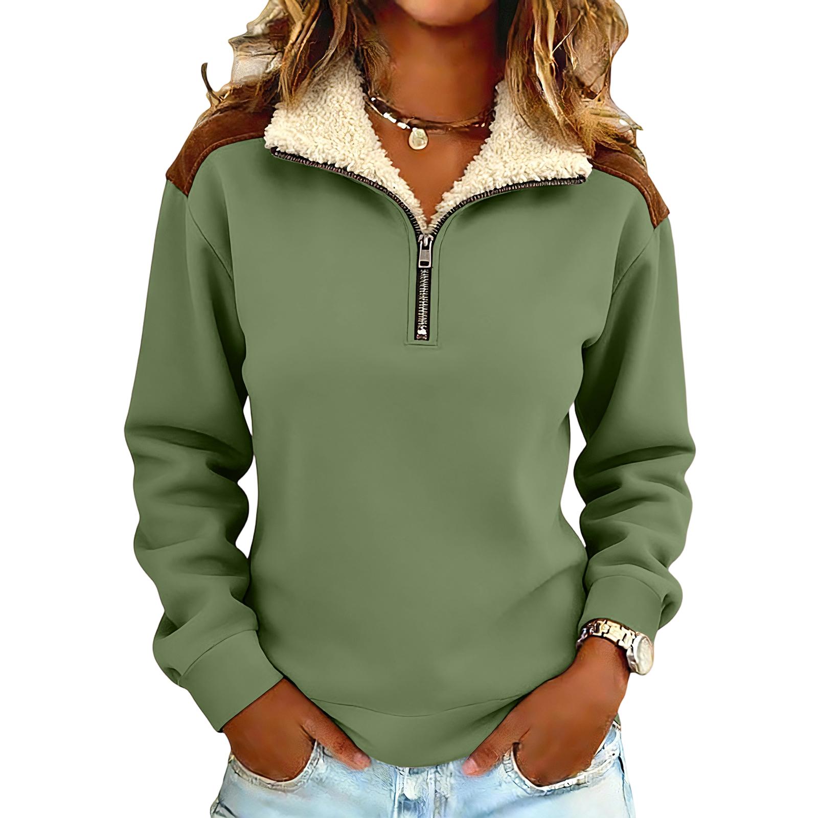 Women s Retro Shoulder Patchwork  Collar Half Open Zipper Women s Hoodie Top L армия зеленый