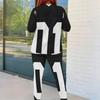 Women Plus Size Round Neck Long Sleeve Printed White Orange Two Piece Fitted Pants Set