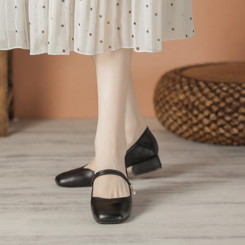 Spring and Autumn Genuine Leather Women's Single Shoes Simple Soft Face Girl Student Thick Heels Small Fragrant Square Head Marie Zhen Shoes