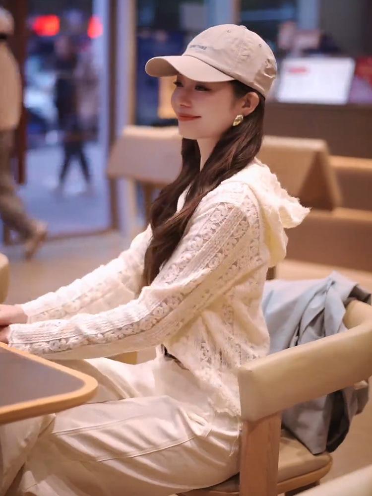 Women's Spring 2025 Lace Long Sleeve Hooded Cardigan Top