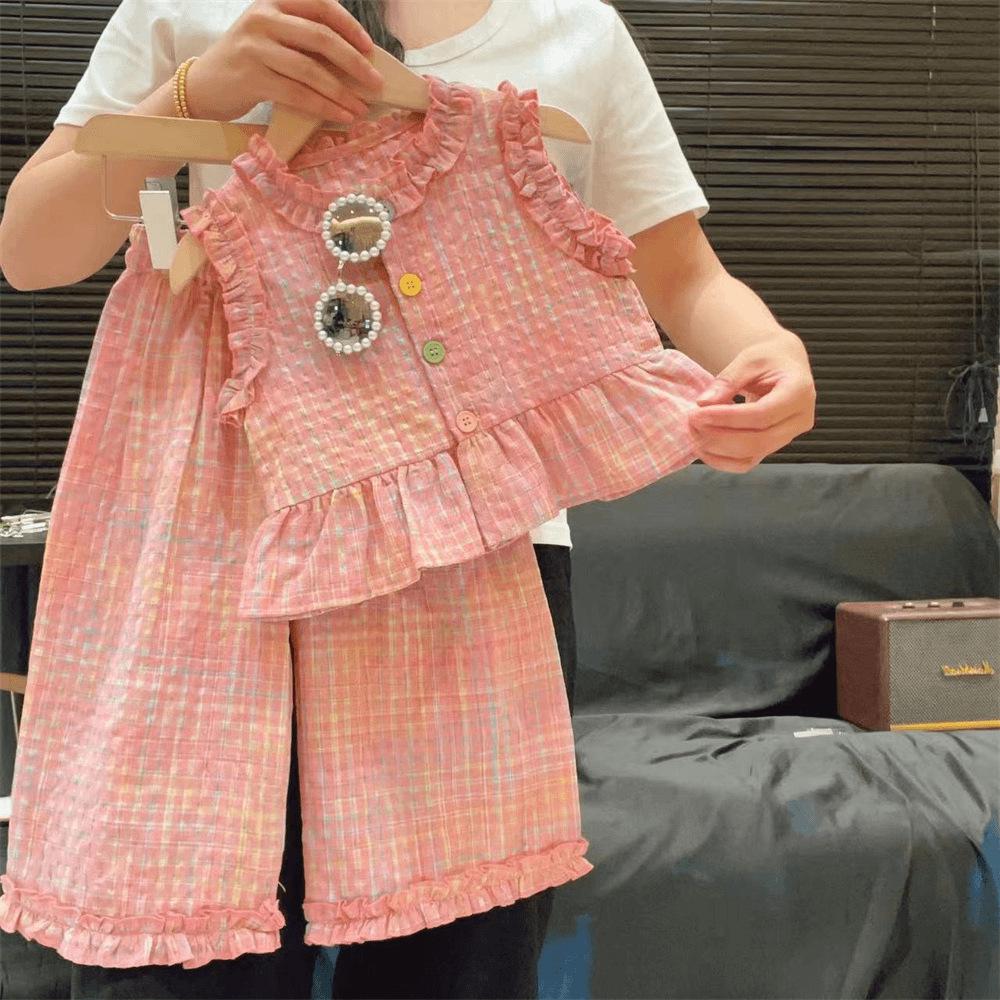 Girls' Fashionable Lace Plaid Trim Vest & Wide Leg Pants Two-Piece Summer Set