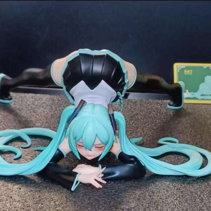 Hatsune Miku Lying Pose Green Hair Black Outfit Collectible Model Anime Figure 15cm Sexy Maid Movable PVC Toy Gift Desk Decor