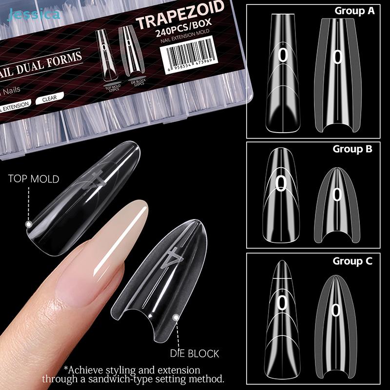 240Pcs Trapezoid Nail Dual Forms - Clear Acrylic Nail Extension Molds for Gel Nail Extension & Salon Use
