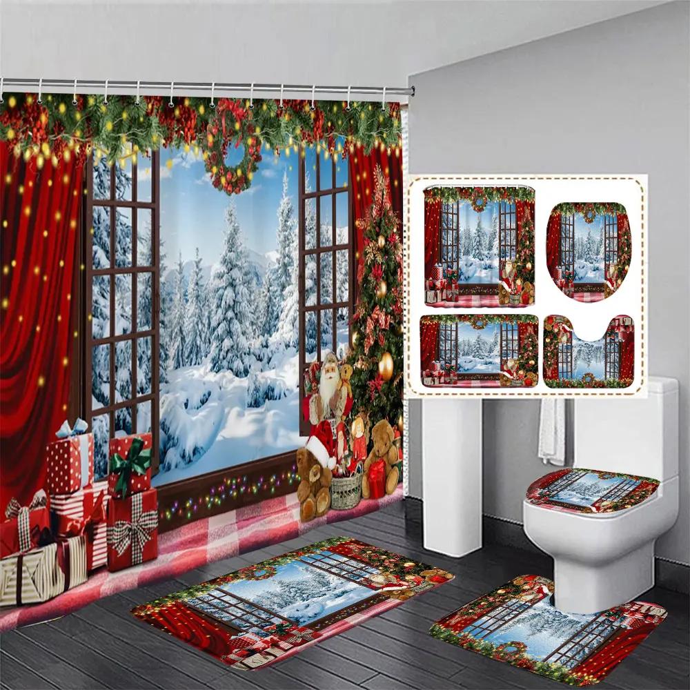 Niedlicher Schneemann-Weihnachts-Duschvorhang-Set, silberne Tannenzweige, Schneeflocken-Weihnachtskugeln, Badezimmer-Dekor, Teppich, Badematte, Toilettendeckelbezug