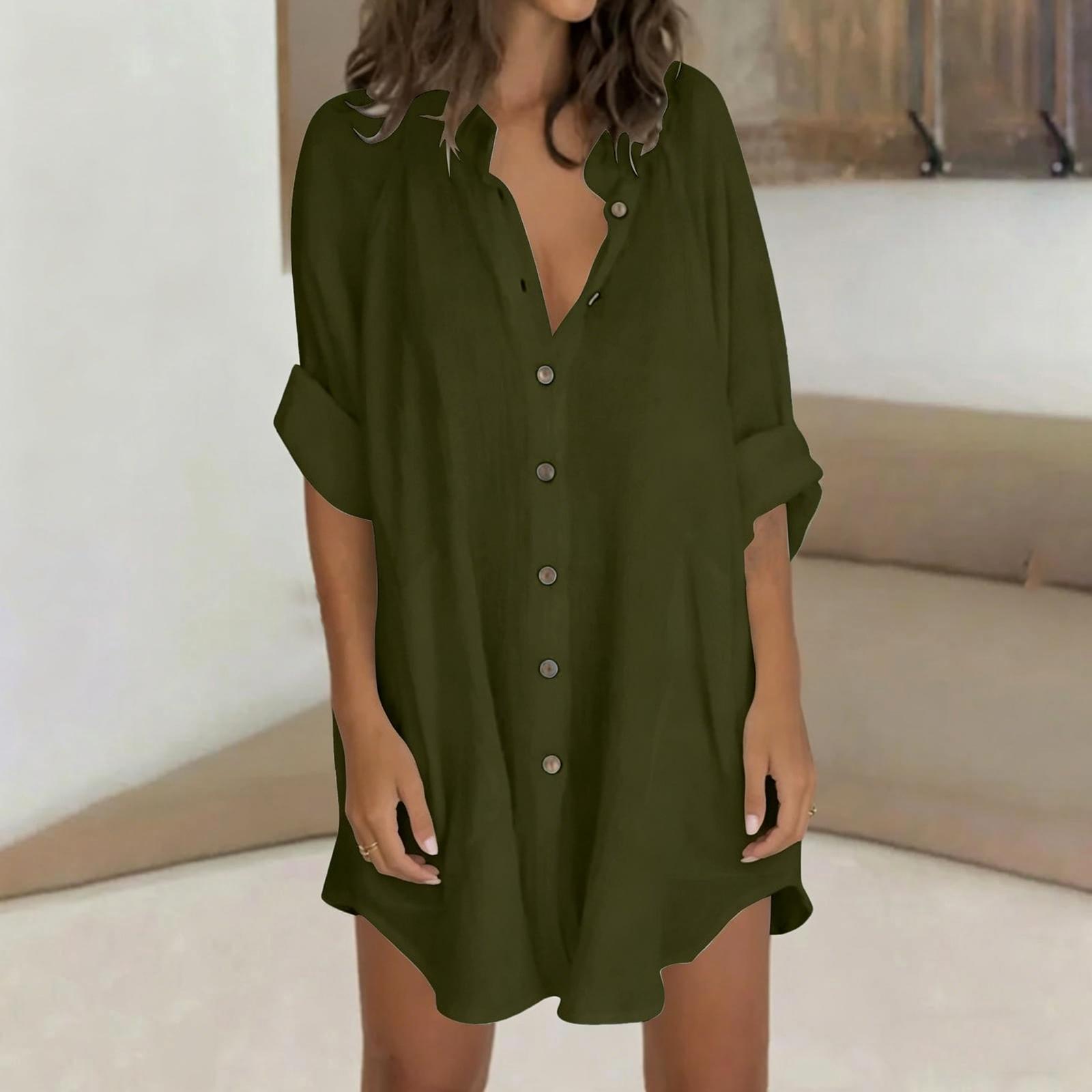 Women s Fashionable Collared Single-Breasted Double-Pocket Shirt Blouse Elegant Dress L
