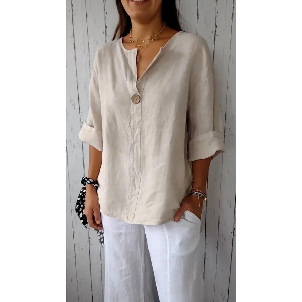 2025 Neues Sommer Damen V-Ausschnitt Baumwolle Leinen Bluse Locker Knopf T-Shirt für Europa Amerika