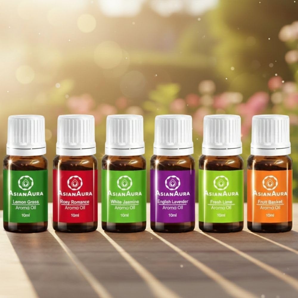 

ASIAN AURA Aroma Diffuser Oil Set - English Lavender, Rosy Romance, Fruit Basket, Fresh Lime, White Jasmine, Lemon Grass (10ml Each) Pack of