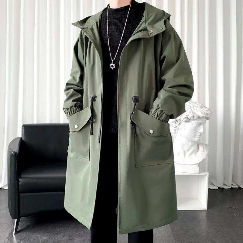Cappotto Trench da Uomo Primaverile Autunnale con Cappuccio Largo Plus Giacca a Vento da Uomo Streetwear Cappotto con Cappuccio Tasche Grandi Antivento Lunghezza Media Tinta Unita per Uomo