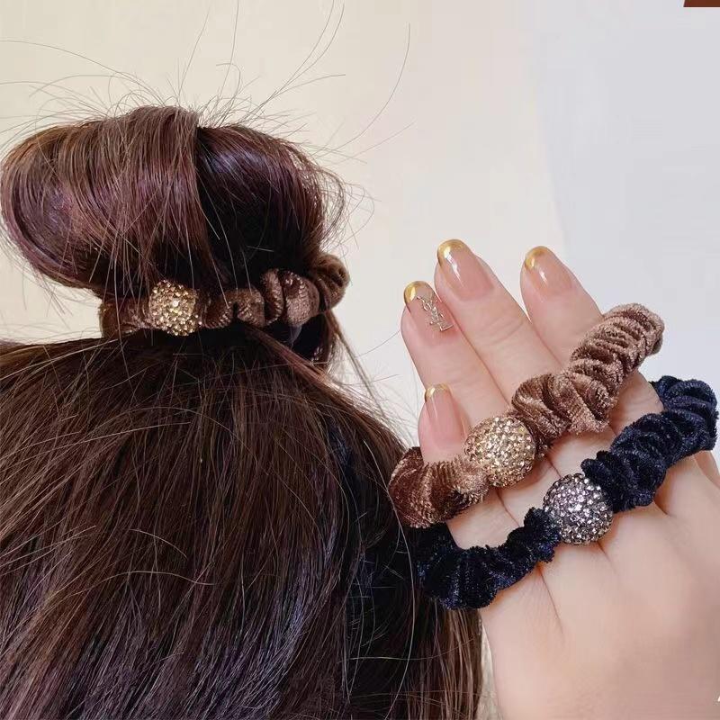 Mode Glänzende Kristallkugel Samt Dünnes Elastisches Gummiband Einfarbig Schwarz Haargummi Scrunchies Haarband Seil Für Frauen