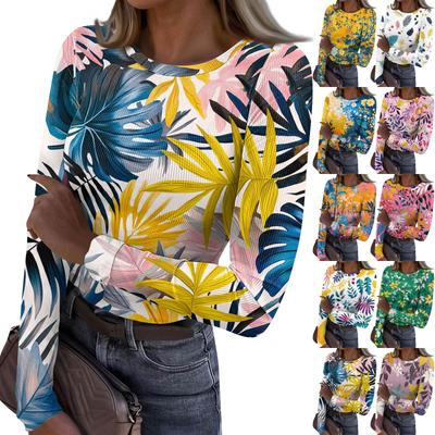 Women's  And Winter Slim Bottom T-shirt Fashion Casual Gradient Printing Round Neck Pullover Long Sleeve Top