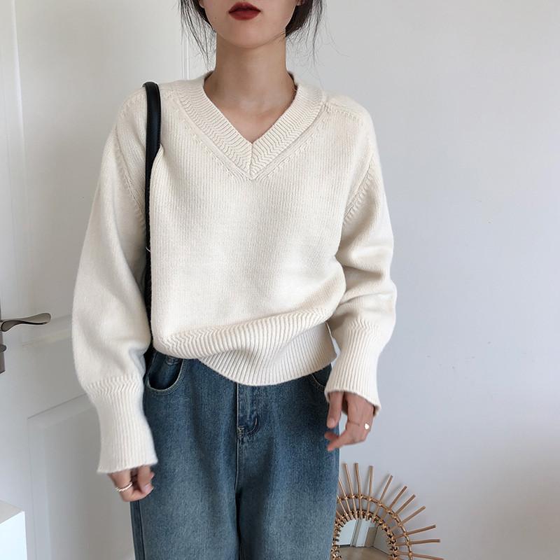 Sweater for Women Autumn Winter Thickened Warm Knitted Stretchy Long Sleeve V-neck Tops