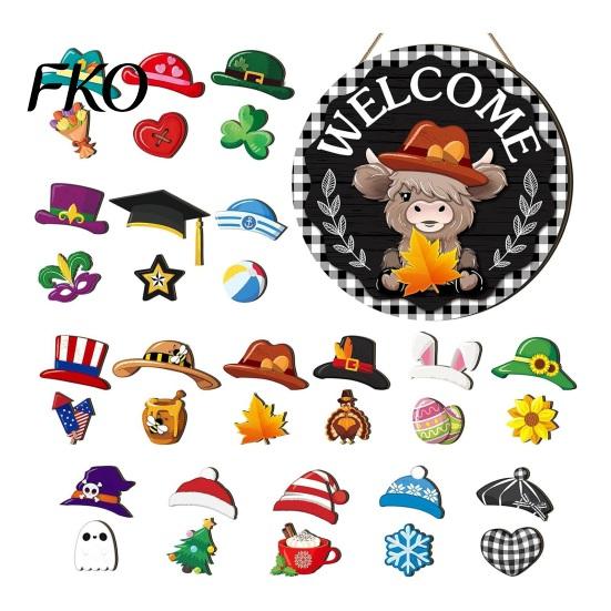 Wood Sign Decor 1 Set Interchangeable Wooden Welcome with Seasonal Hat Accessories Gnome Wall Hanging Highland Cow Front Door Home Office